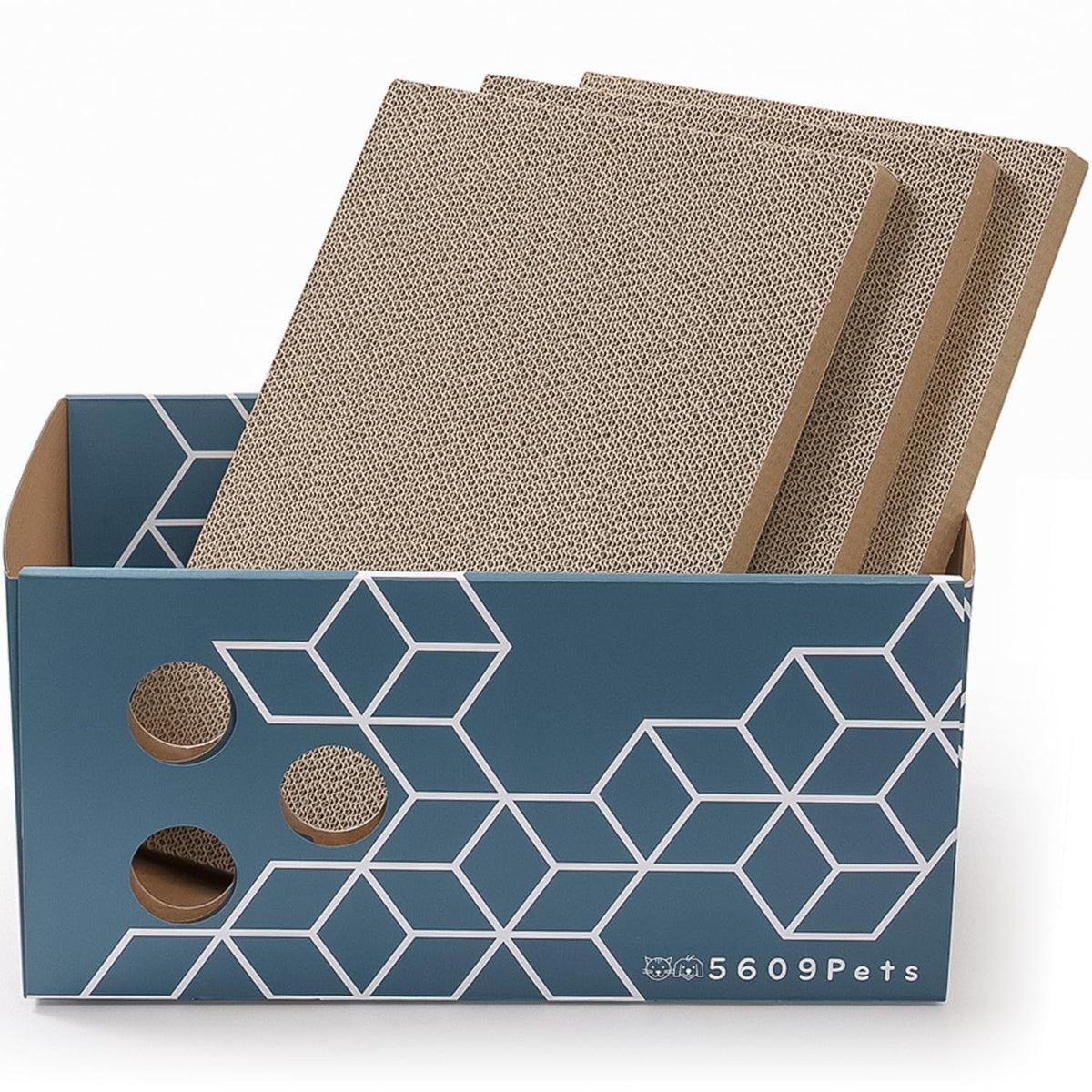 5609PETS heavy-duty scratch box front view showing roomy interior for lounging and scratching.