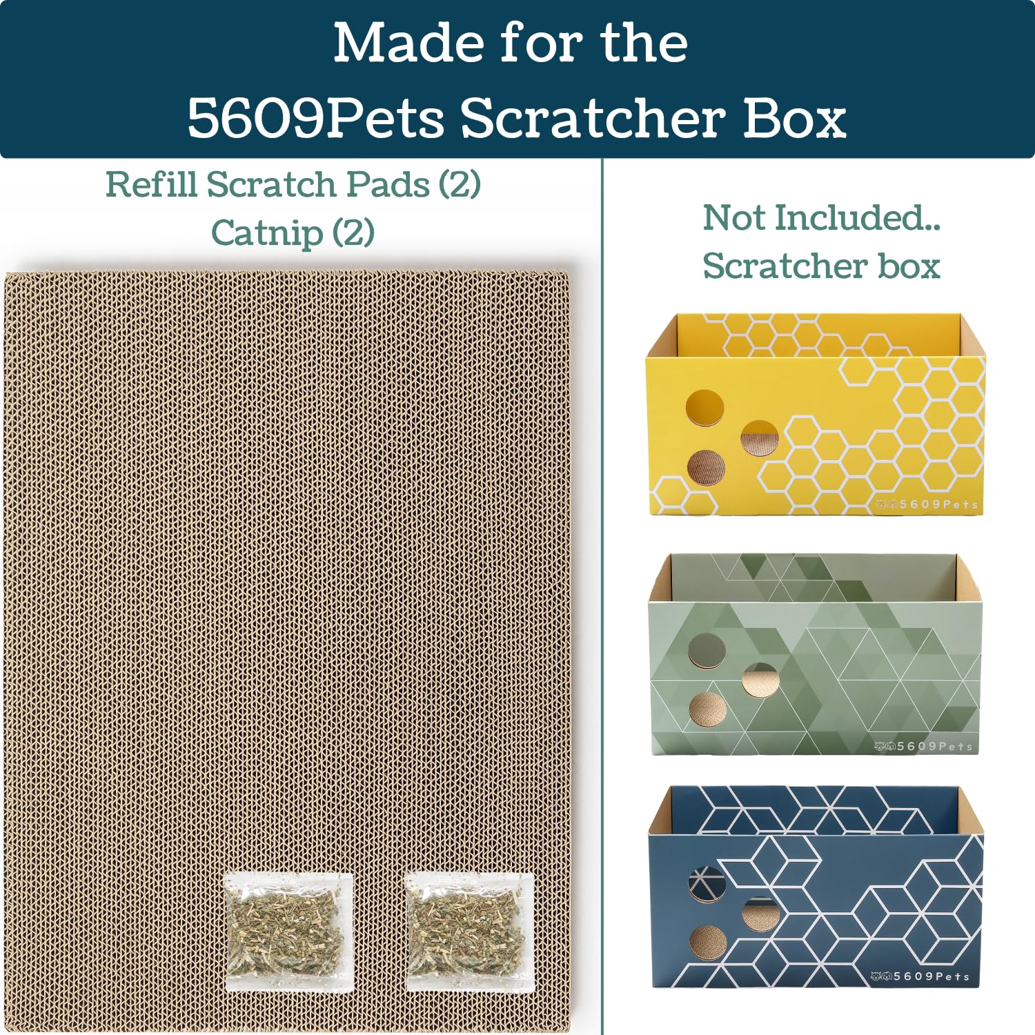 The 5609PETS reversible scratch pads illustrate eco-friendly refills for box or standalone use.
