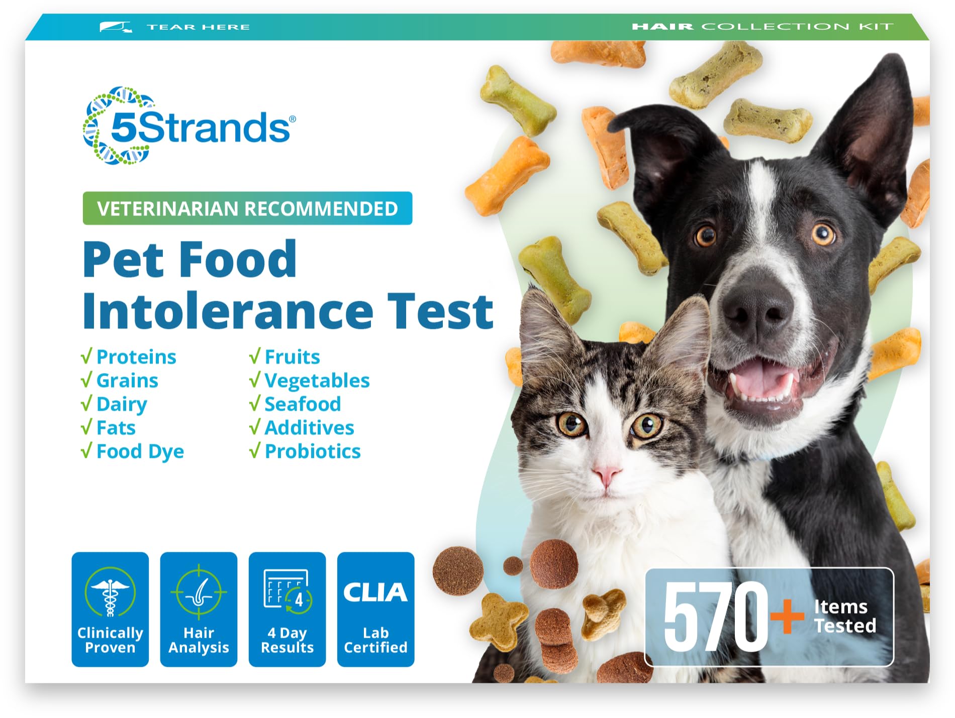 5Strands Pet Food Intolerance Test packaging; convenient at-home kit for dog and cat health decisions.