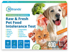 5Strands pet raw food intolerance test kit for at-home analysis and tailored pet meals.