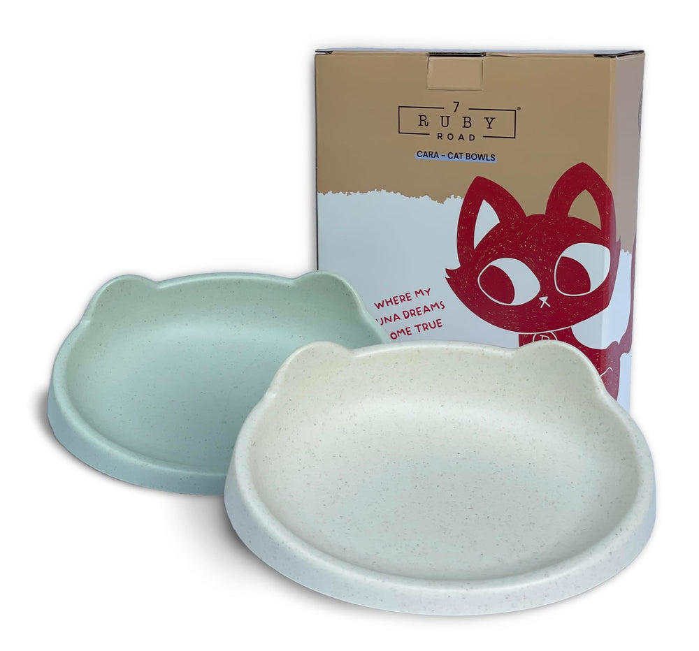 7 Ruby Road anti whisker fatigue cat bowl set with wide shallow design for comfortable meals.