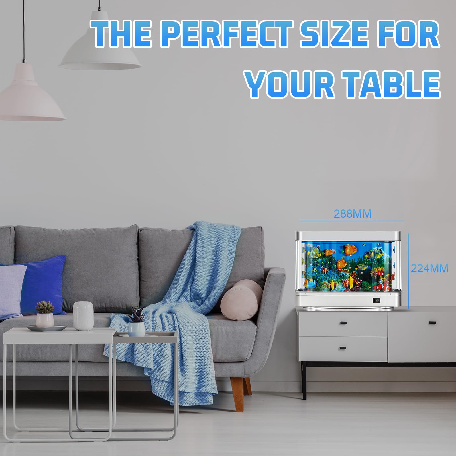 7CDXD Fake Fish Tank office decor showcases compact design, space-friendly placement.