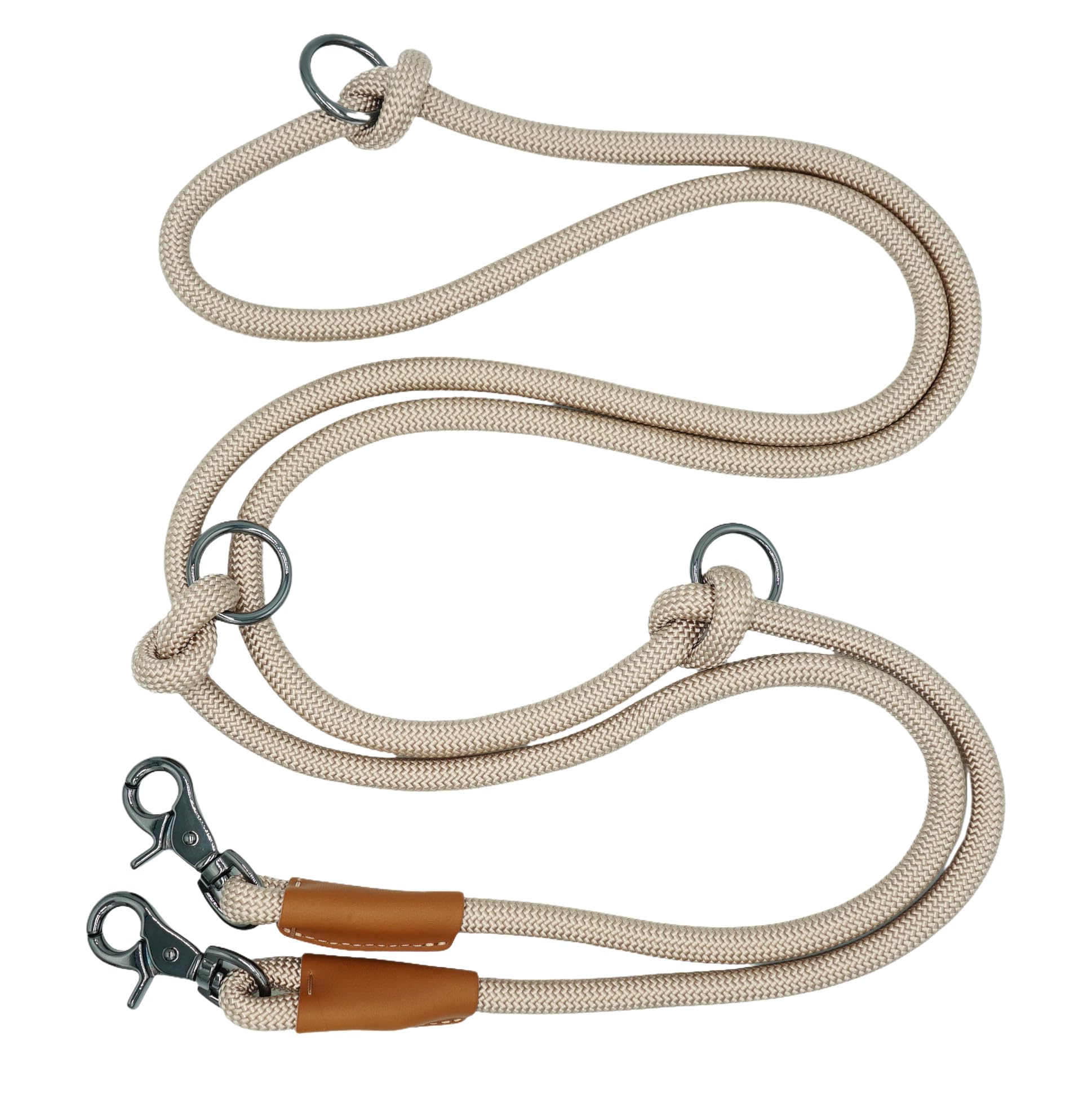 8FT hands-free dog rope leash beige showing secure zinc alloy clip for reliable walking