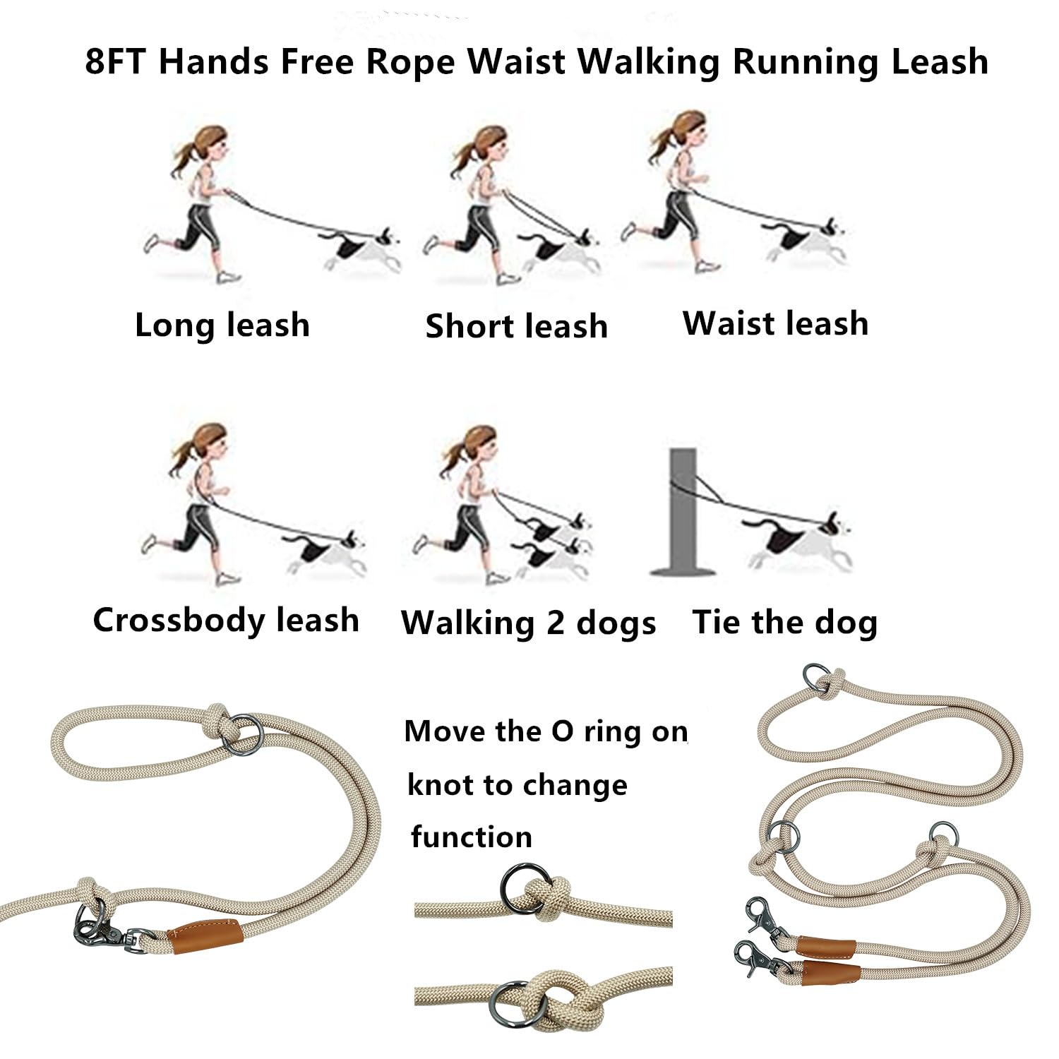8FT hands-free dog rope leash dual-hook system supports versatile walking styles