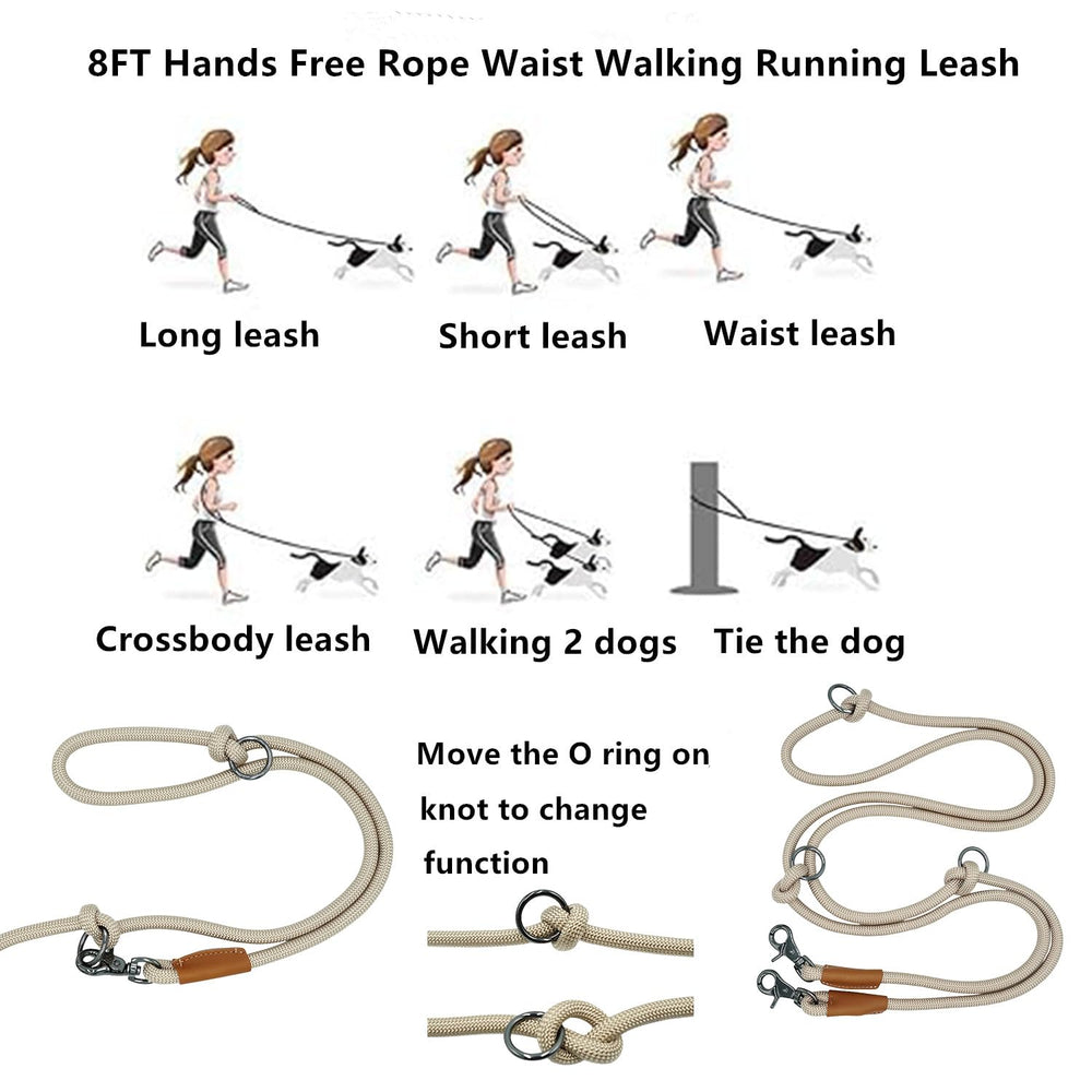 8FT hands-free dog rope leash dual-hook system supports versatile walking styles