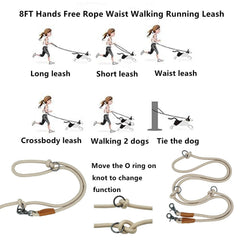 8FT hands-free dog rope leash dual-hook system supports versatile walking styles