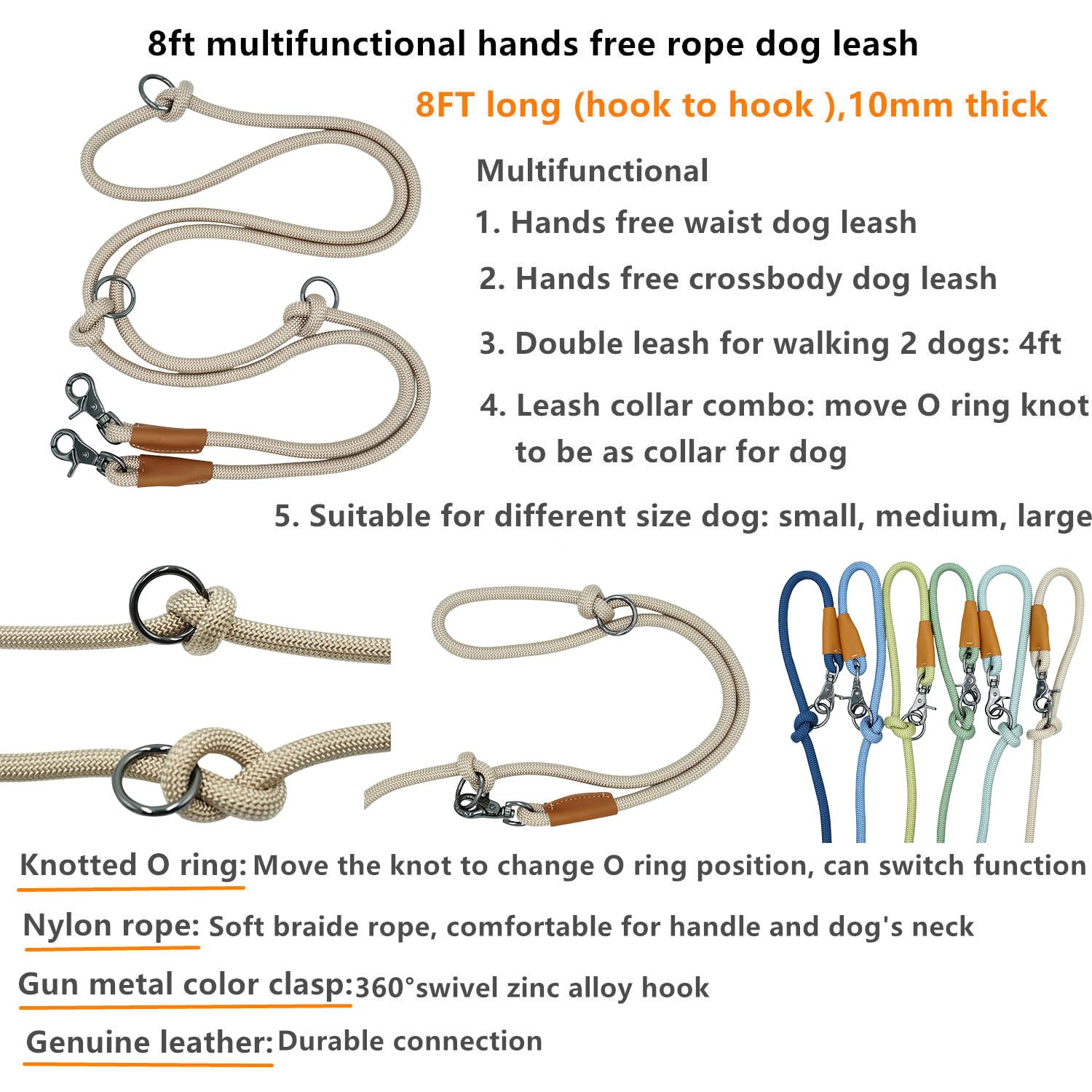 8FT hands-free dog rope leash leather grip handles enhance comfort during training