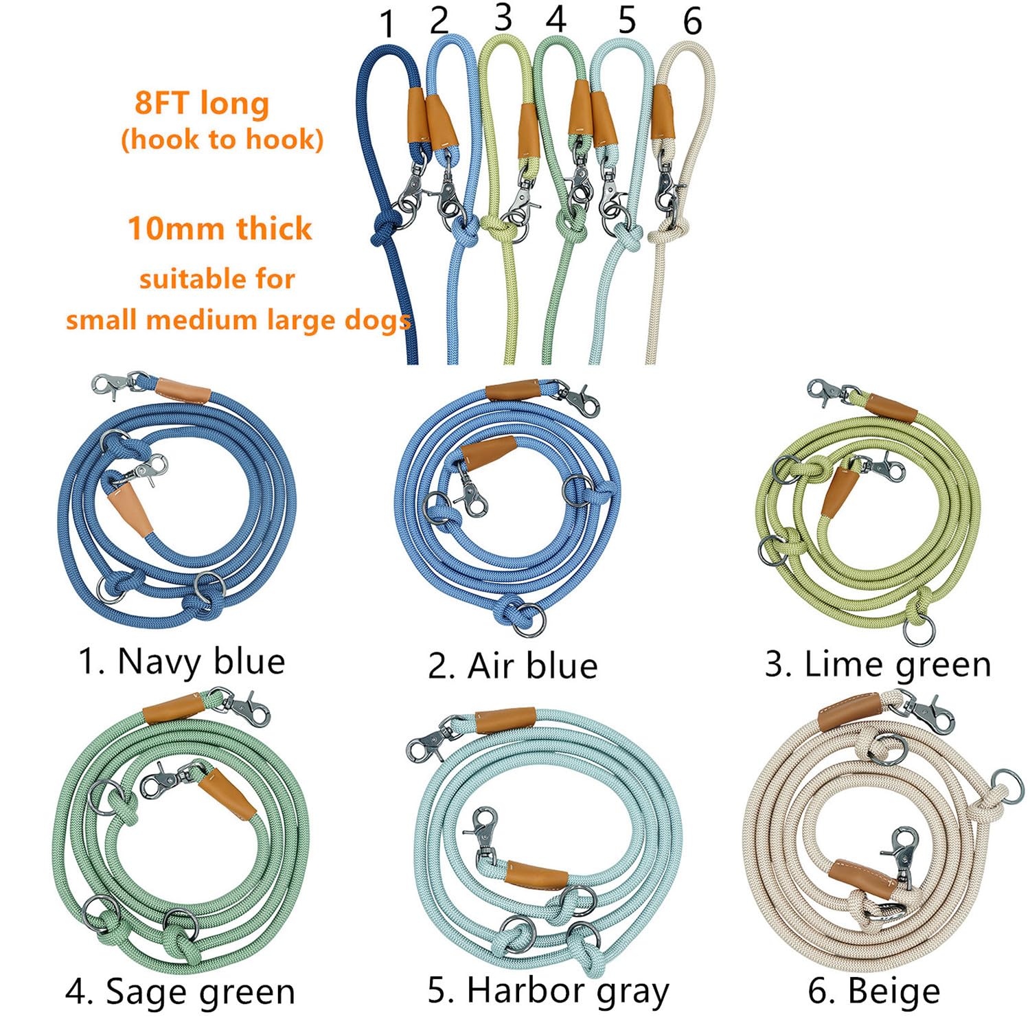 8FT hands-free dog rope leash zinc alloy clips ensure secure attachments on any path