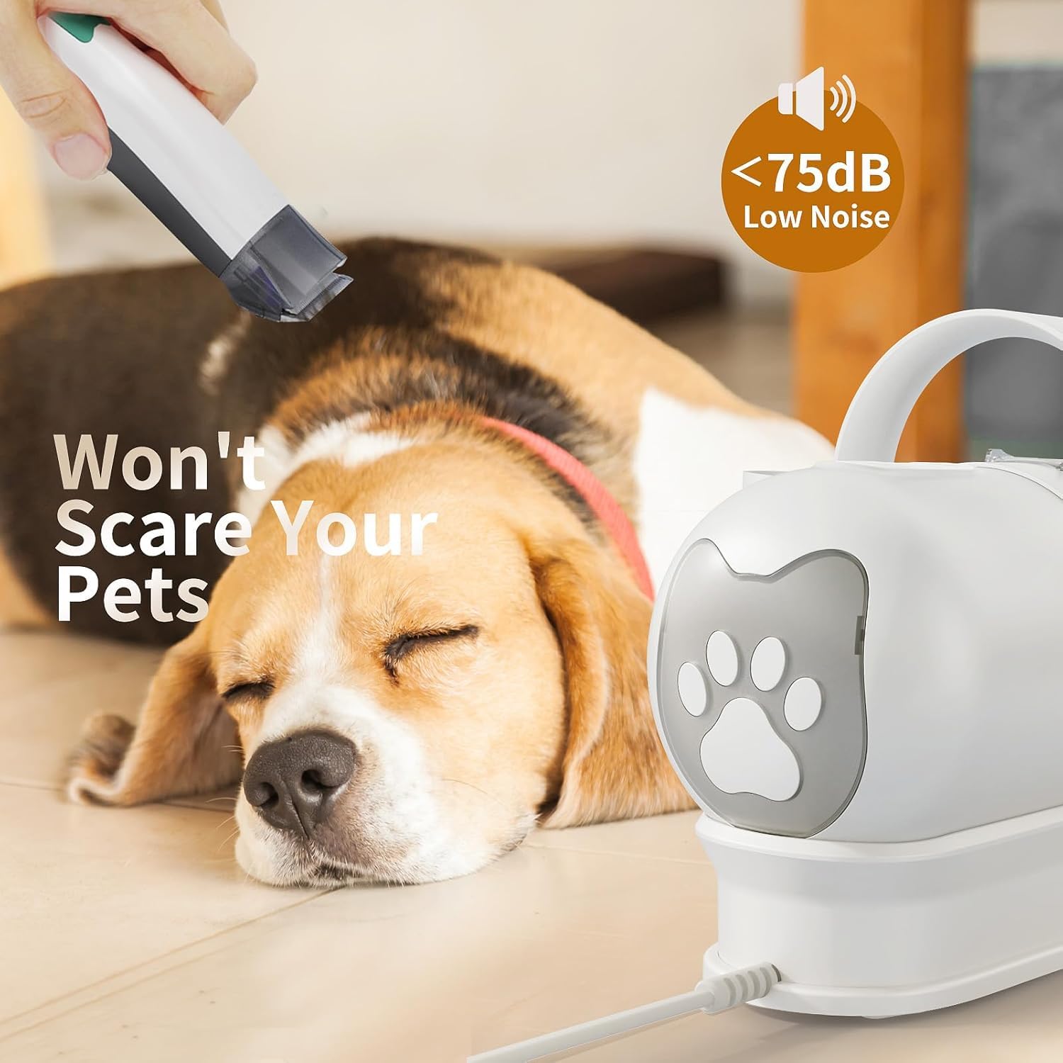 8VR Dog Grooming Kit vacuum closeup demonstrates strong pet-hair suction during grooming