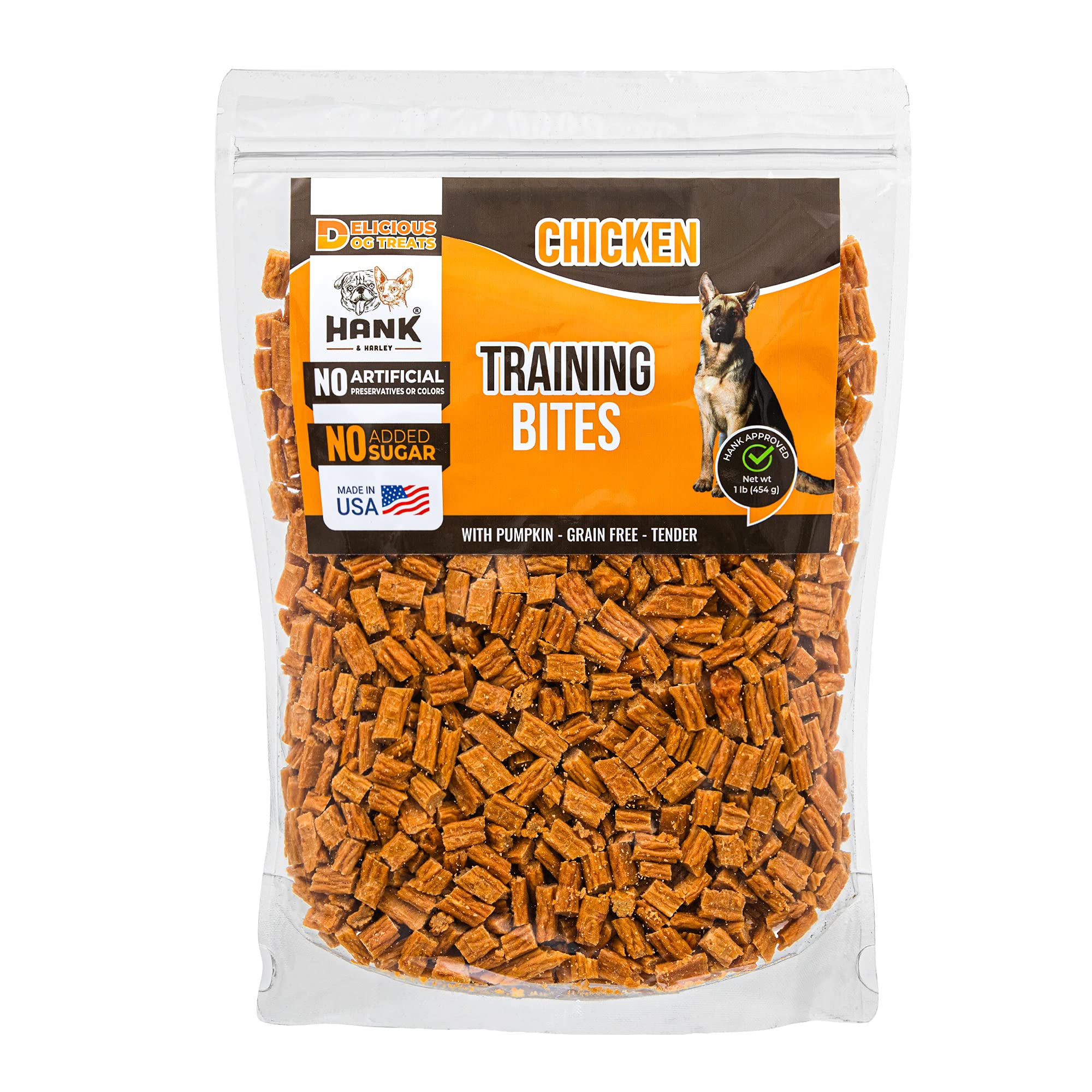 Hank & Harley Training Bites chicken-tender chunks provide a protein-rich reward for training.