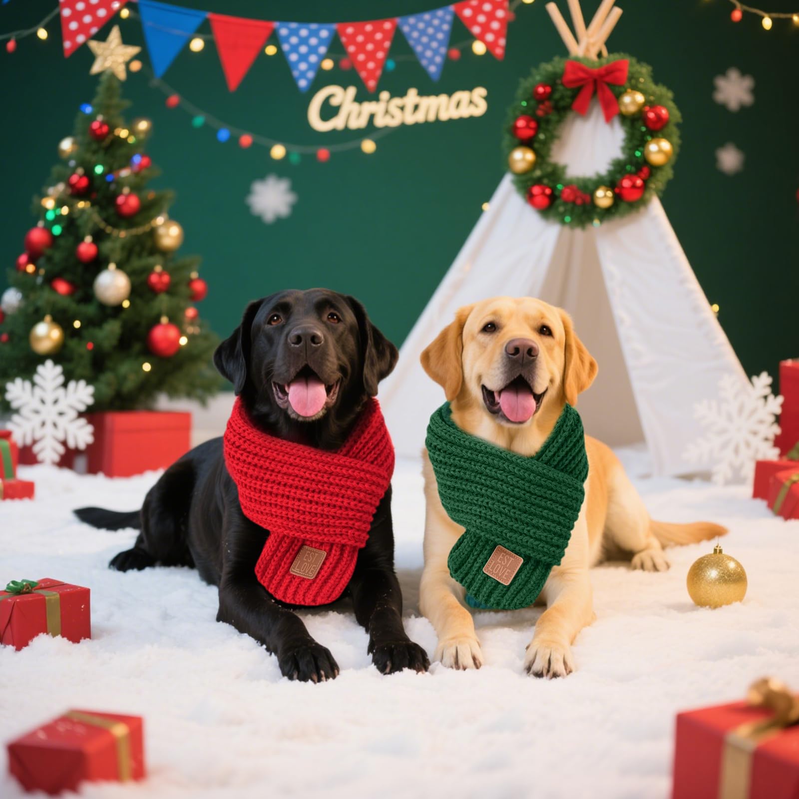 Nibnozy dog scarf photo-ready accessory enhances holiday portraits.