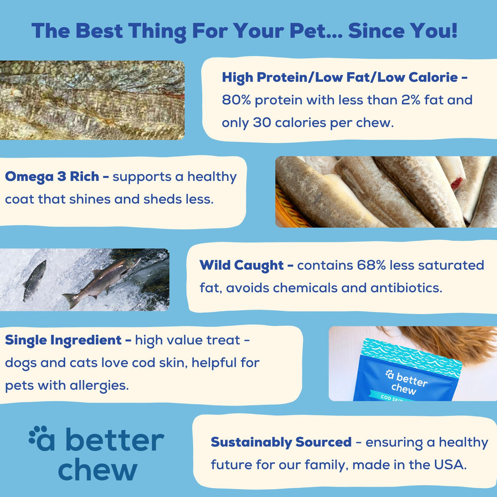 A Better CHEW dehydrated cod skin treat highlighting grain-free option.