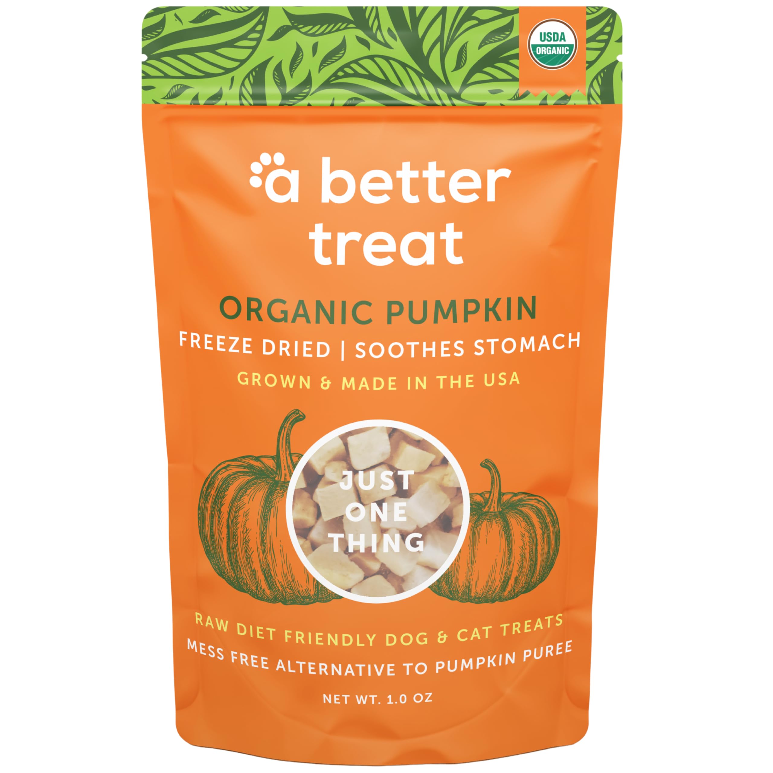 A Better Treat freeze dried pumpkin treats bag — ideal low calorie training reward.
