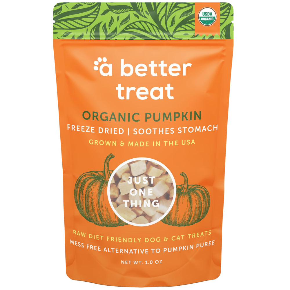 A Better Treat freeze dried pumpkin treats bag — ideal low calorie training reward.