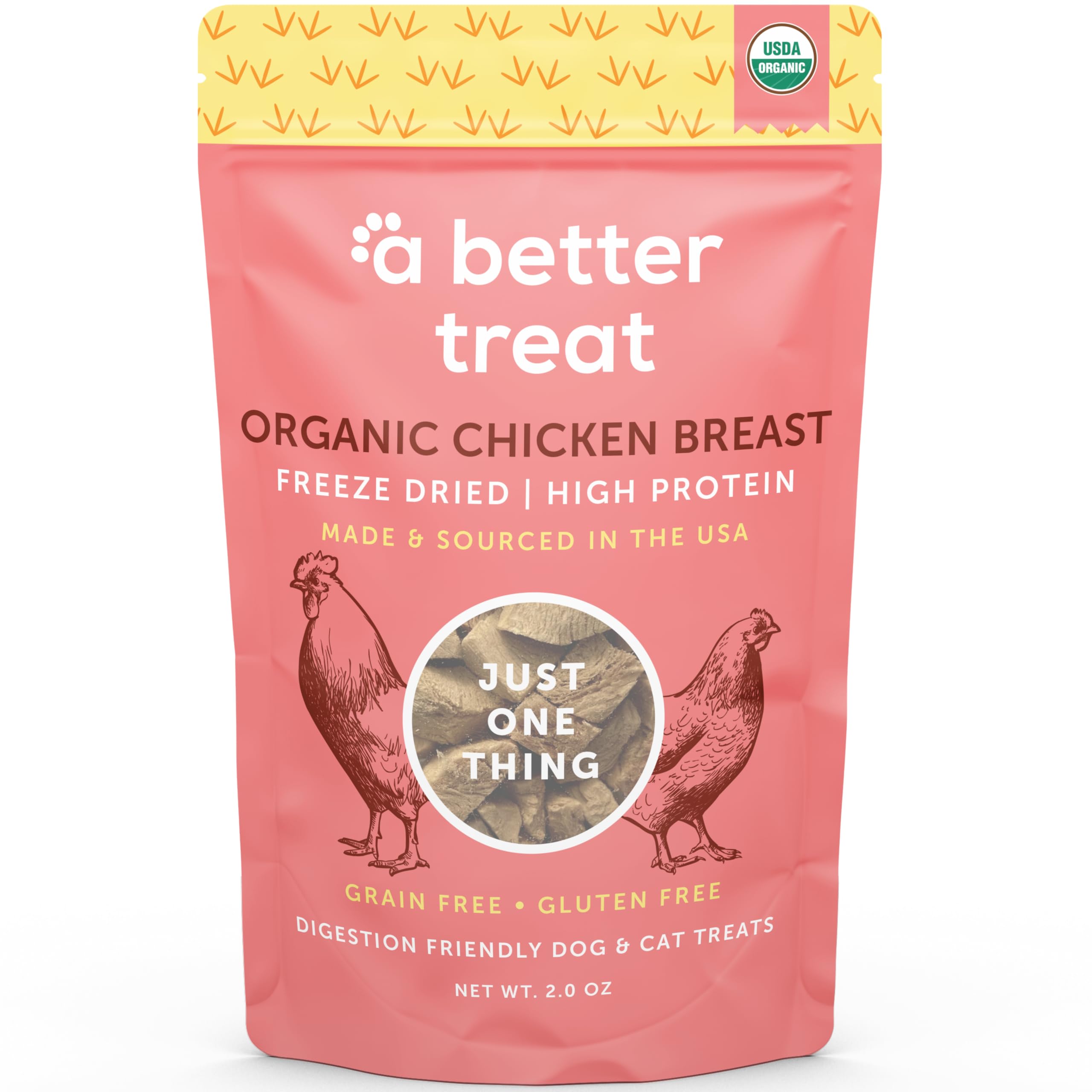 A Better Treat organic freeze-dried chicken bag highlights single-ingredient reward for training.