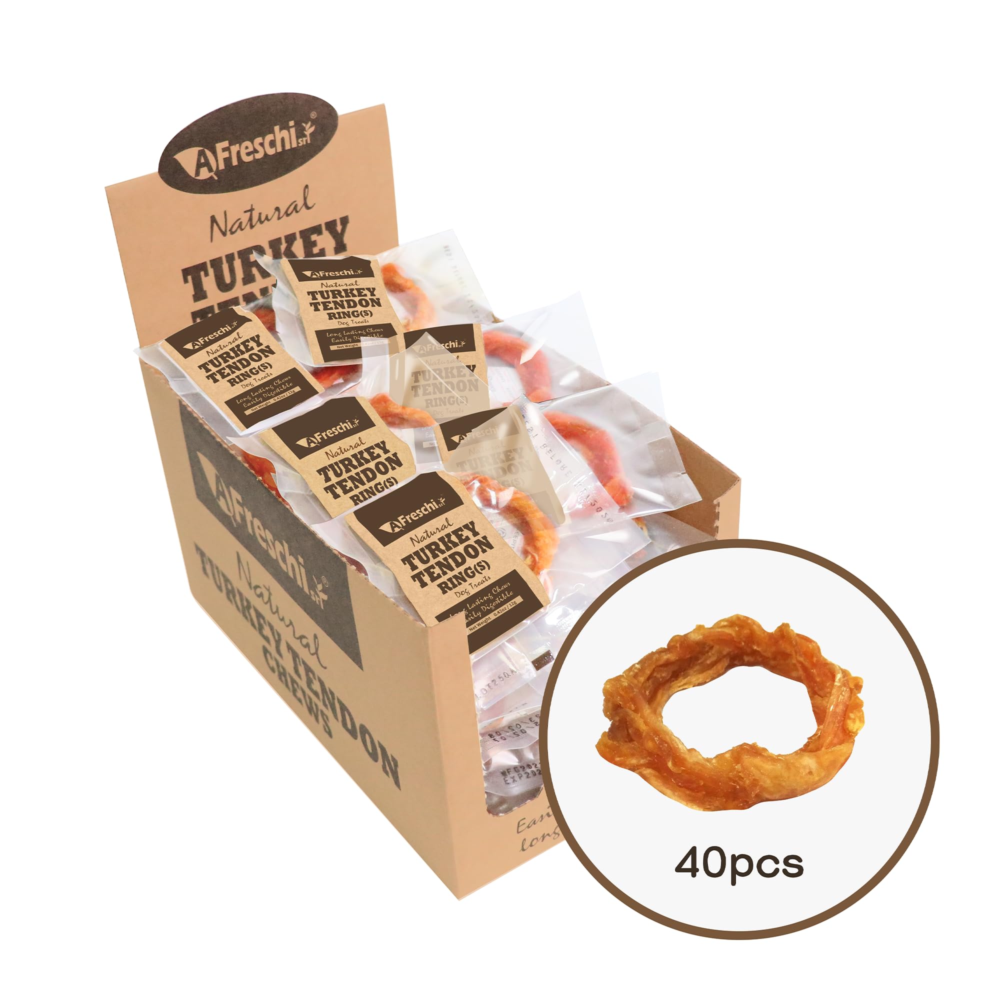 A Freschi srl turkey tendons long-lasting dog chew for moderate chewers