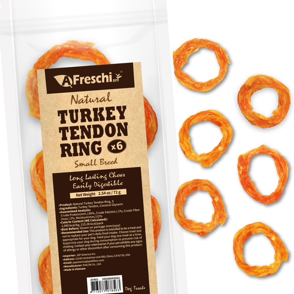 A Freschi srl turkey tendons packaging front showcases USA-sourced high-protein treats