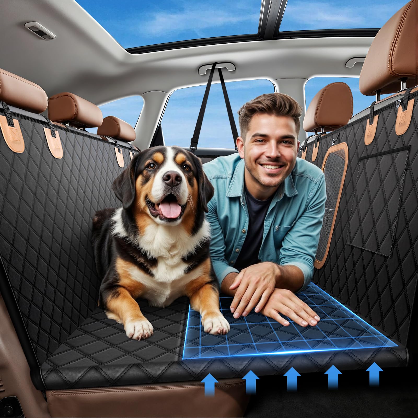 A-Pce 600D hammock back-seat setup protects seats during travels
