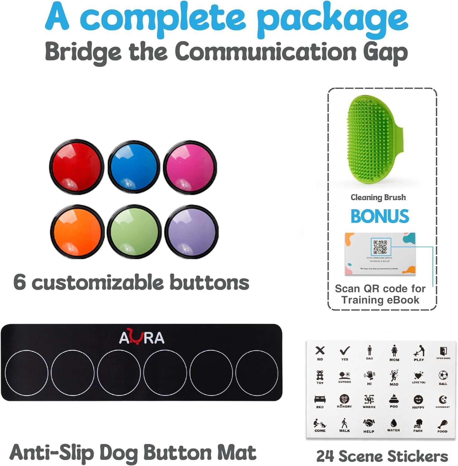 A-URA Dog Buttons recording-device captures custom commands for repeated use.