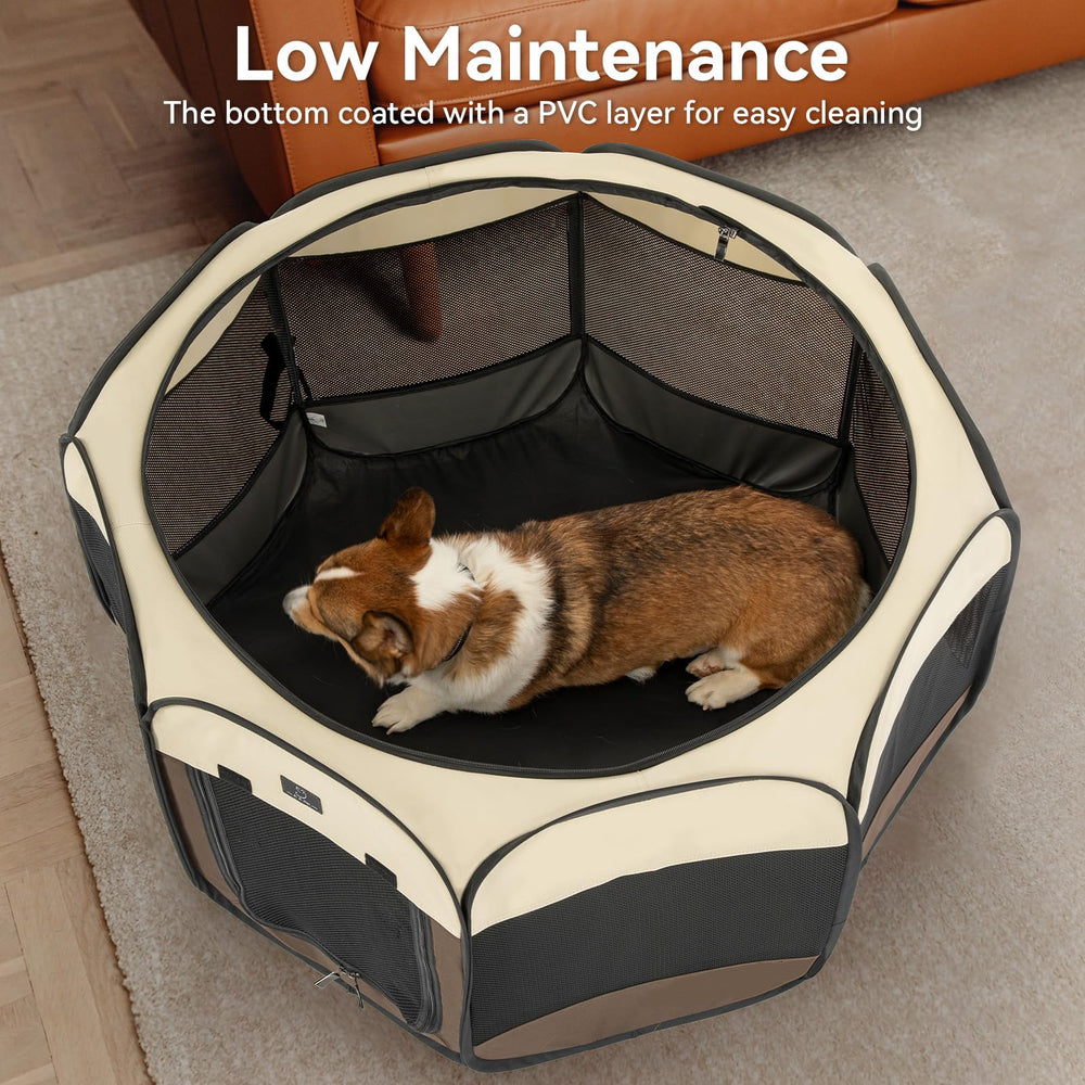 A4 Pet indoor-outdoor playpen adapts to living rooms and yards.