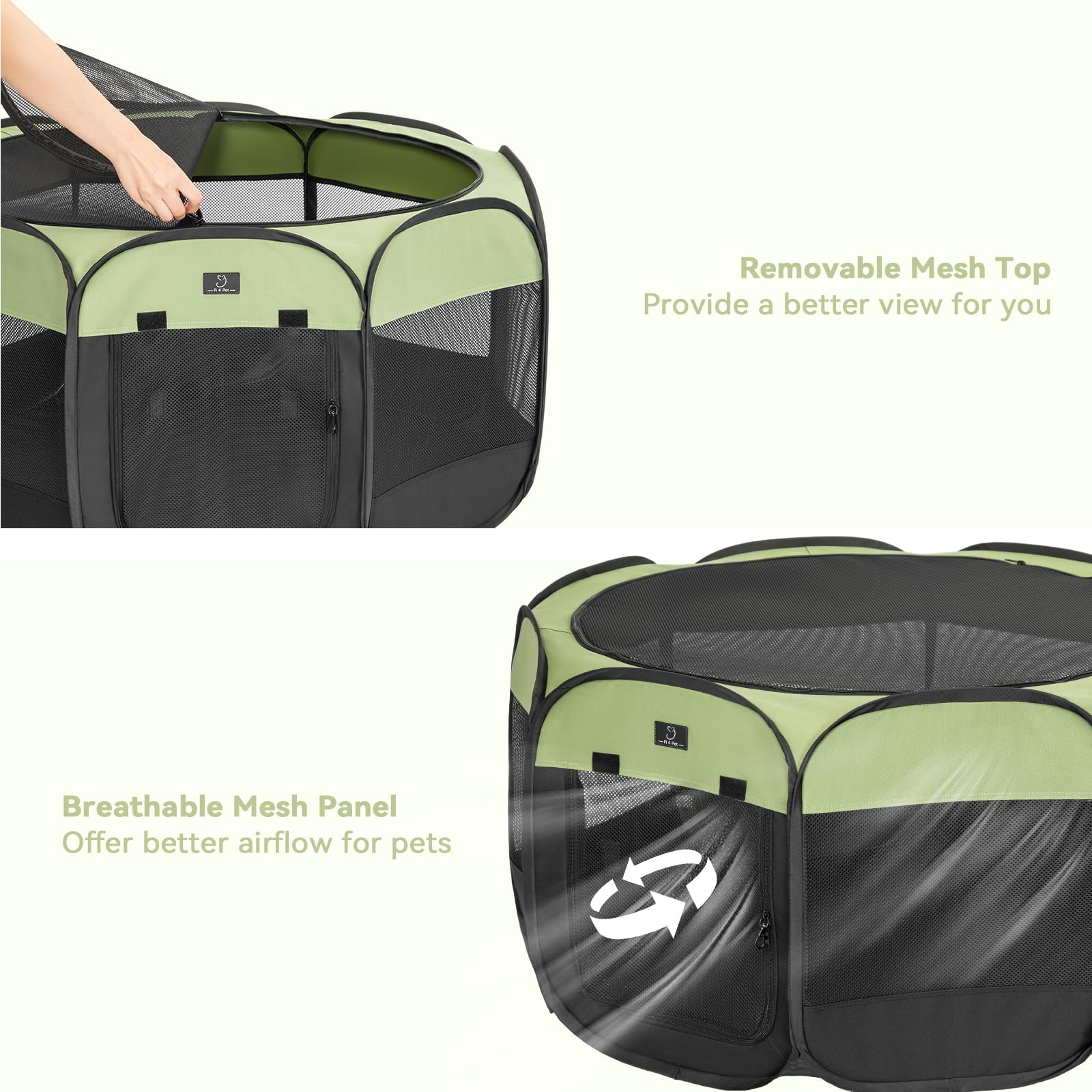 A 4 Pet playpen's 360-degree mesh panels keep pets cool and visible.