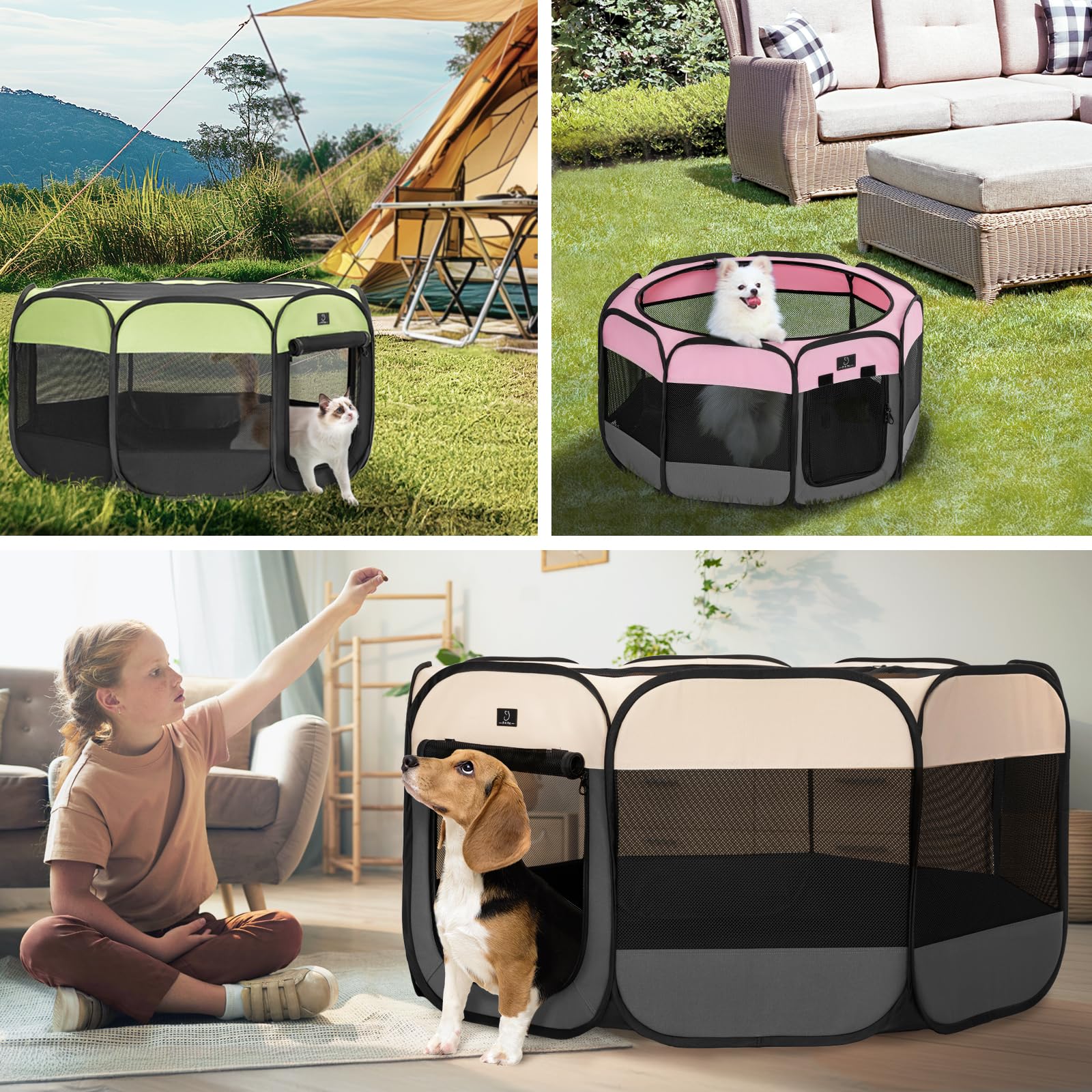 A 4 Pet indoor-outdoor playpen in living room to campsite versatility.
