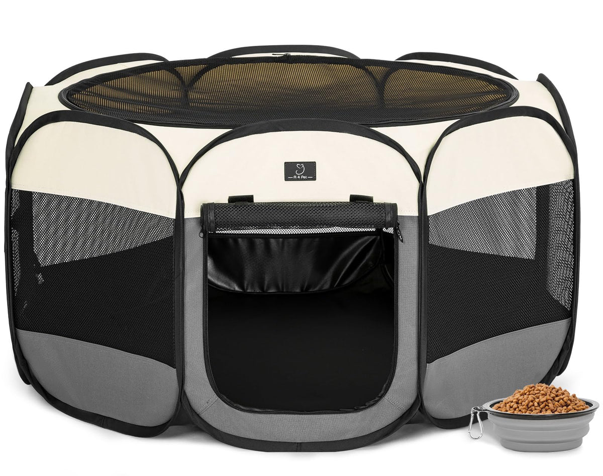 A 4 Pet portable dog playpen pop-up setup for quick travel use.