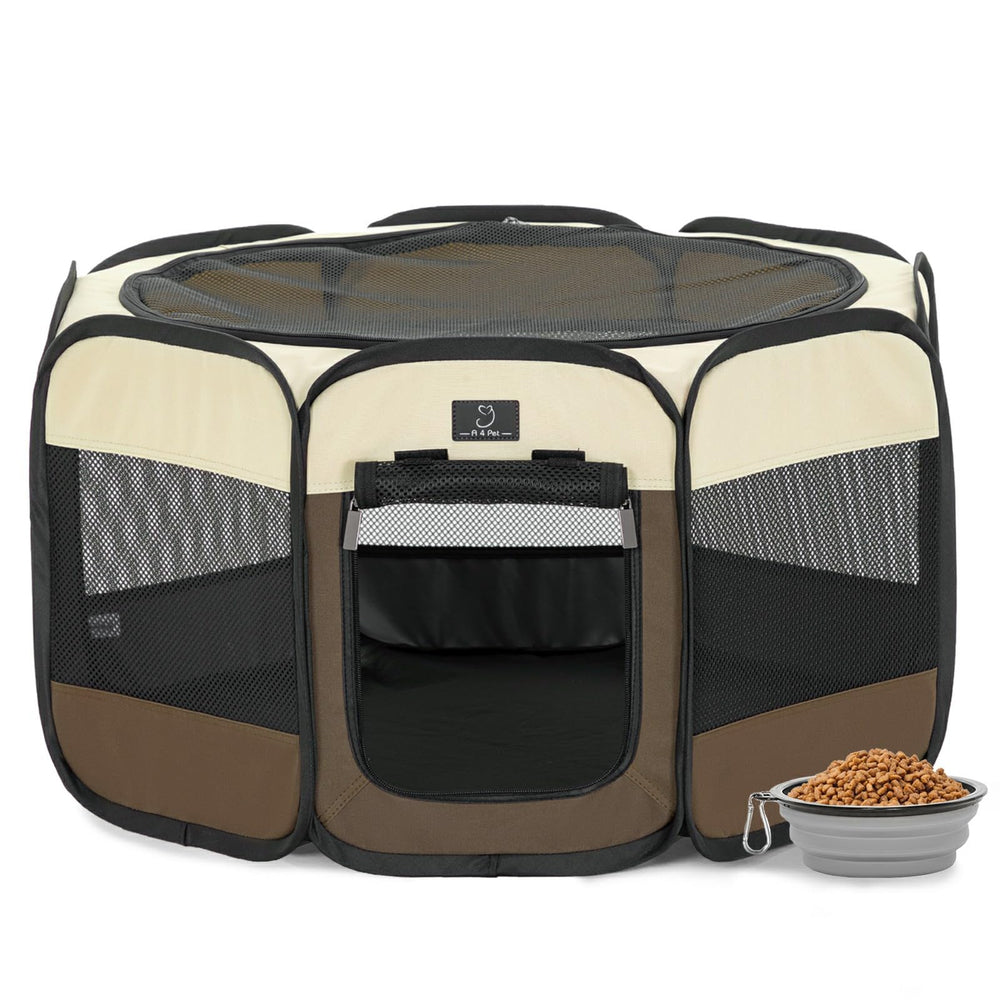 A4 Pet portable dog playpen setup shows fast pop-up assembly for home or travel.