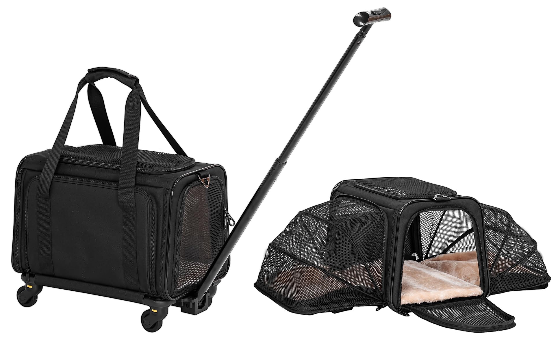 A4Pet airline carrier under-seat front view highlights compact design and wheels for smooth airport navigation.