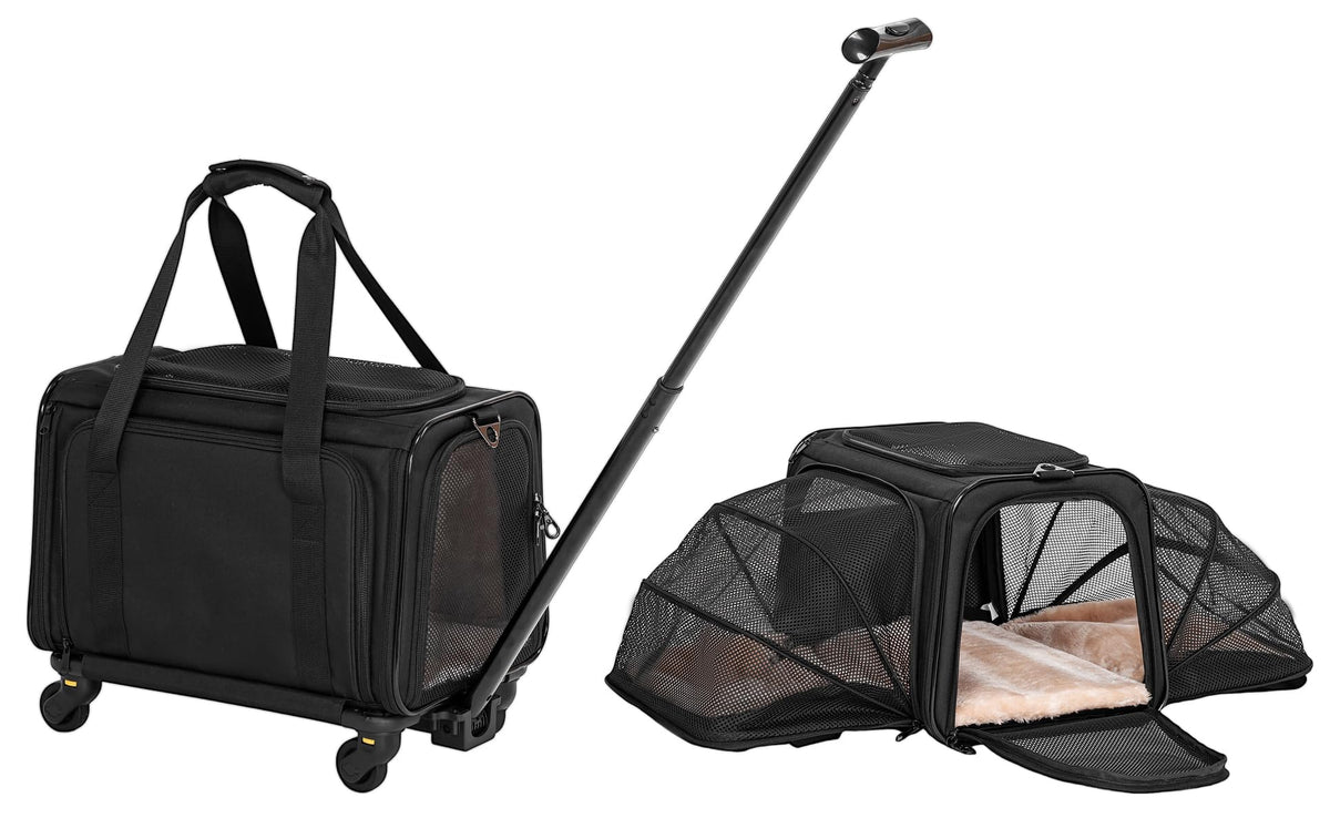 A4Pet airline carrier under-seat front view highlights compact design and wheels for smooth airport navigation.