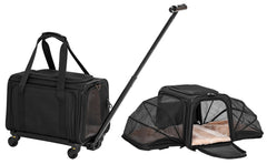 A4Pet airline carrier under-seat front view highlights compact design and wheels for smooth airport navigation.