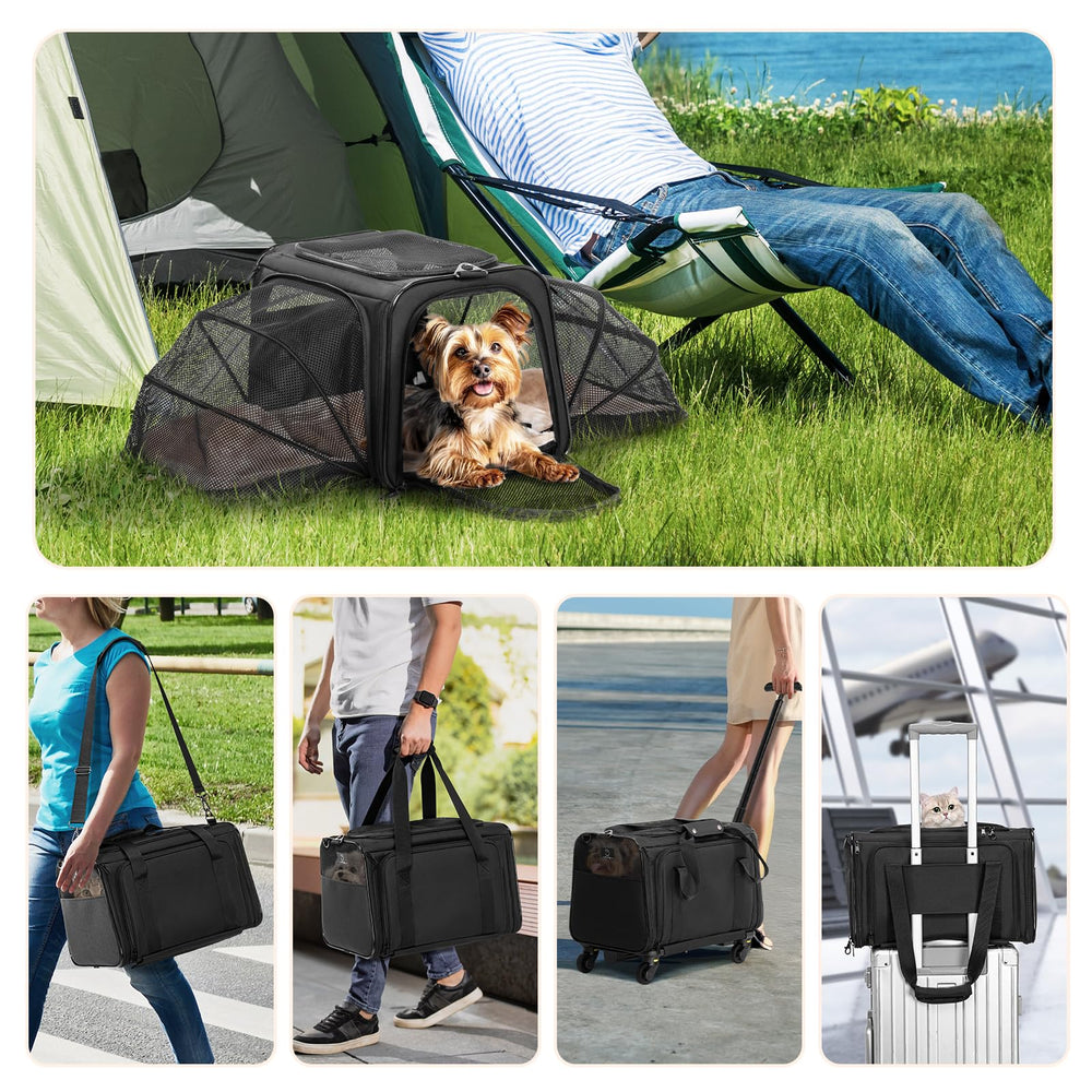 A4Pet detachable all-terrain wheels illustrate versatile mobility on varied surfaces while traveling.