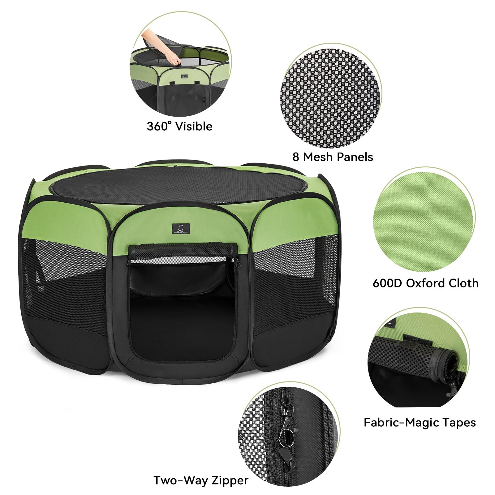 A4 Pet portable dog playpen with bowl highlights travel-ready convenience.
