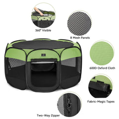 A4 Pet portable dog playpen with bowl highlights travel-ready convenience.