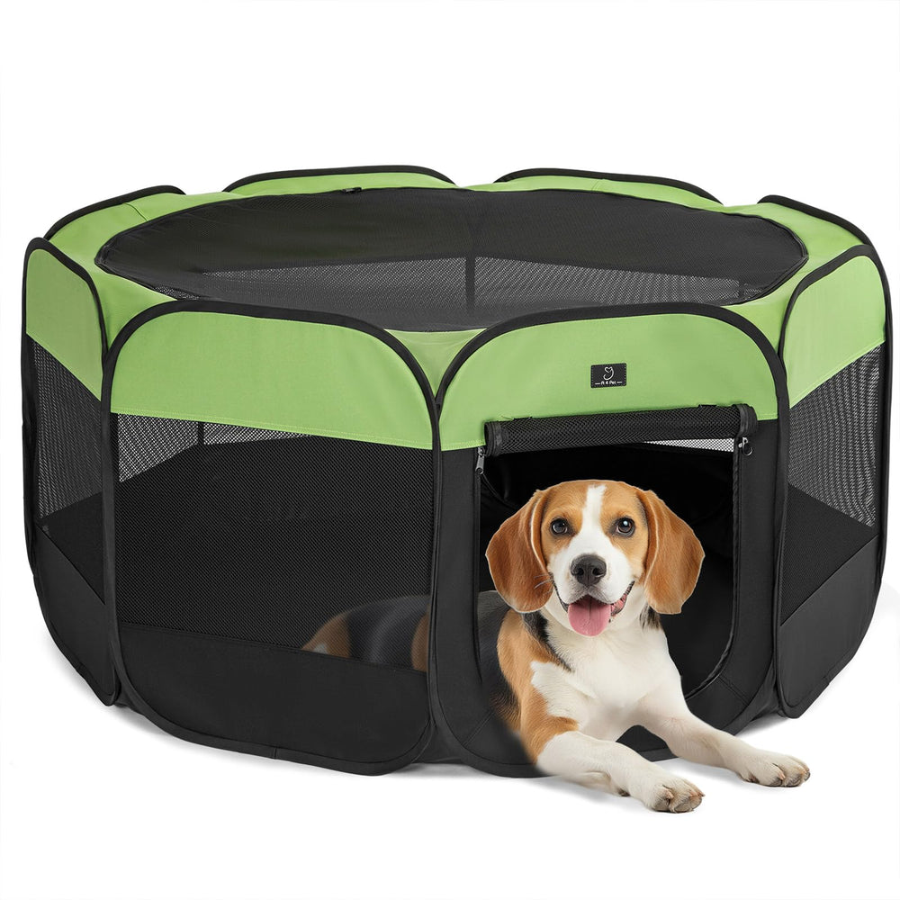 A4 Pet portable dog playpen folds flat for compact storage.