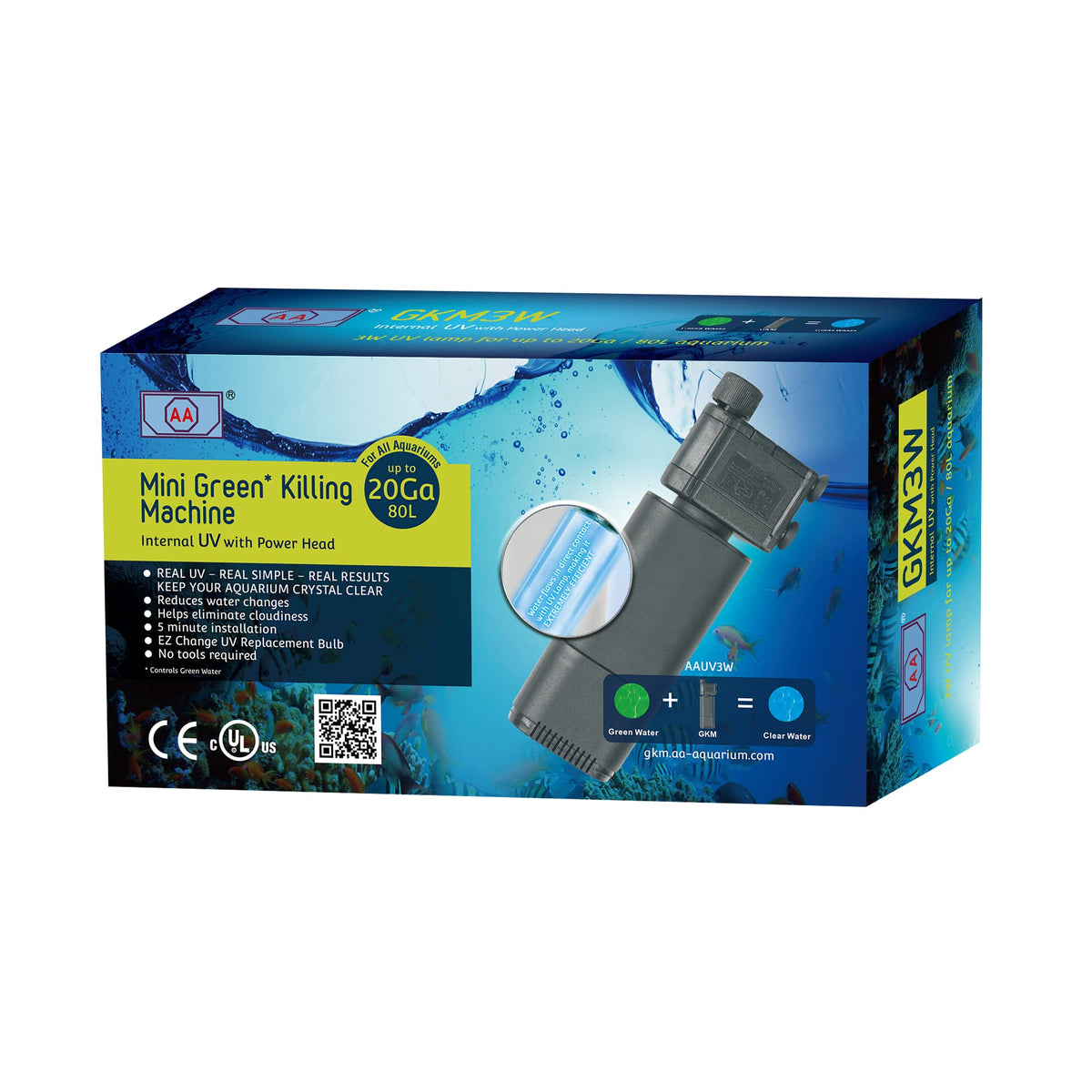 AA GKM3W mini internal UV power head front view promotes clear water in small tanks