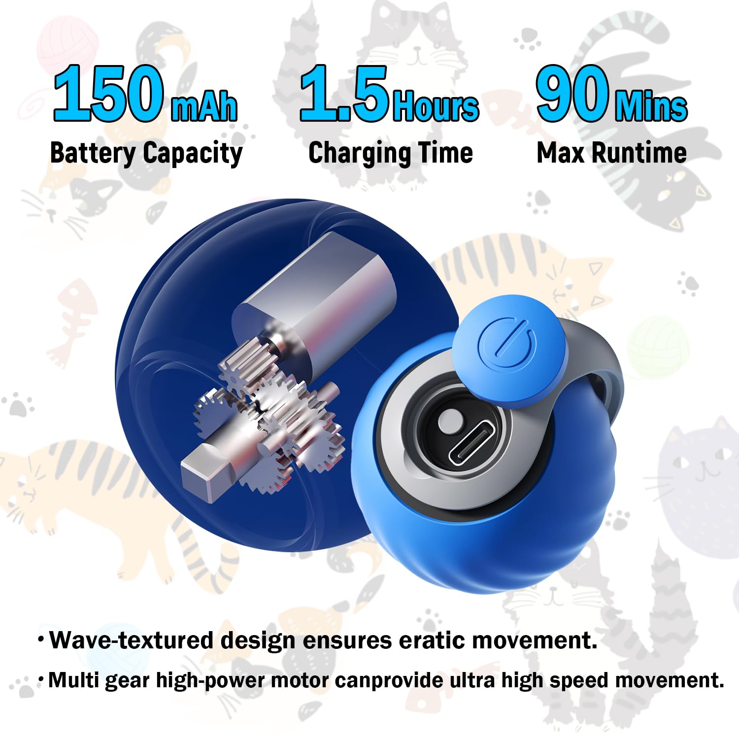 AAGILA Interactive Cat Toy Ball recharge port image highlights Type-C charging for quick power-ups.