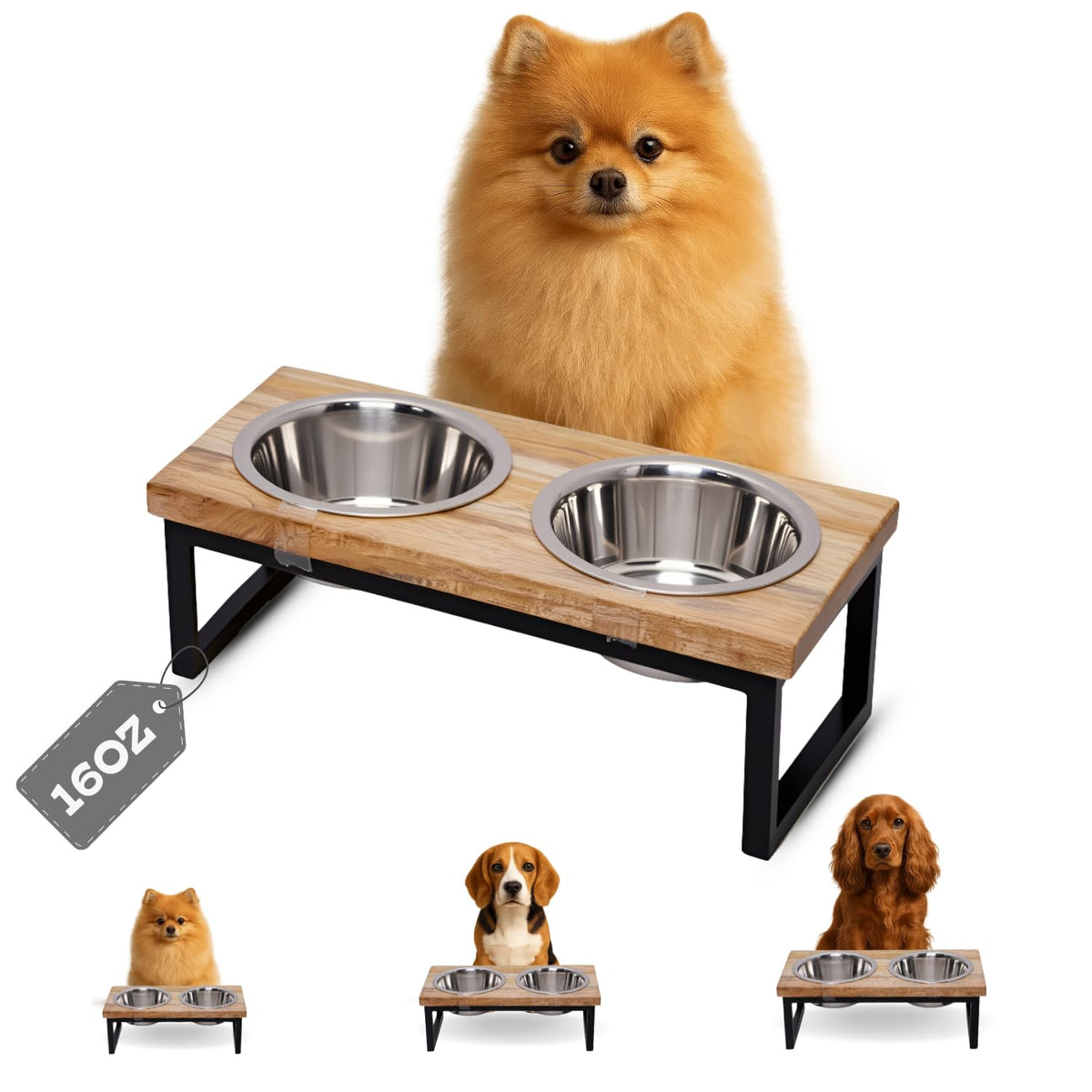 AASPIRE PETS elevated dog bowls on a mango wood stand promote comfortable feeding posture.