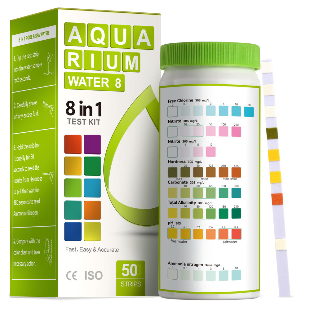 AAwipes 8-in-1 test kit packaging shows bundled strips for home aquarium testing.