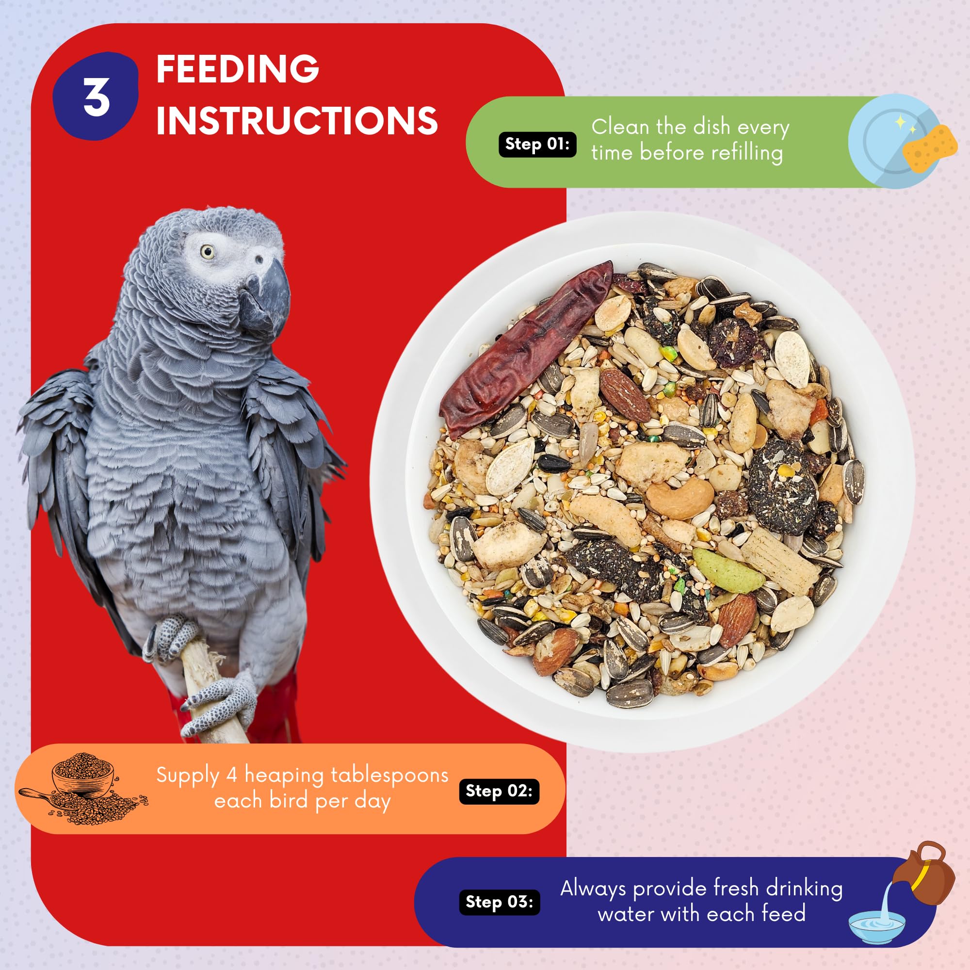 ABBA 1400 premium bird food seed closeup shows diverse ingredients supporting digestion.