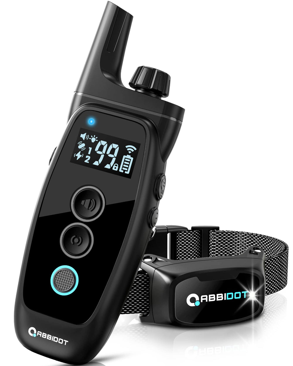 ABBIDOT collar in action shows real-world training use on a calm walking dog.