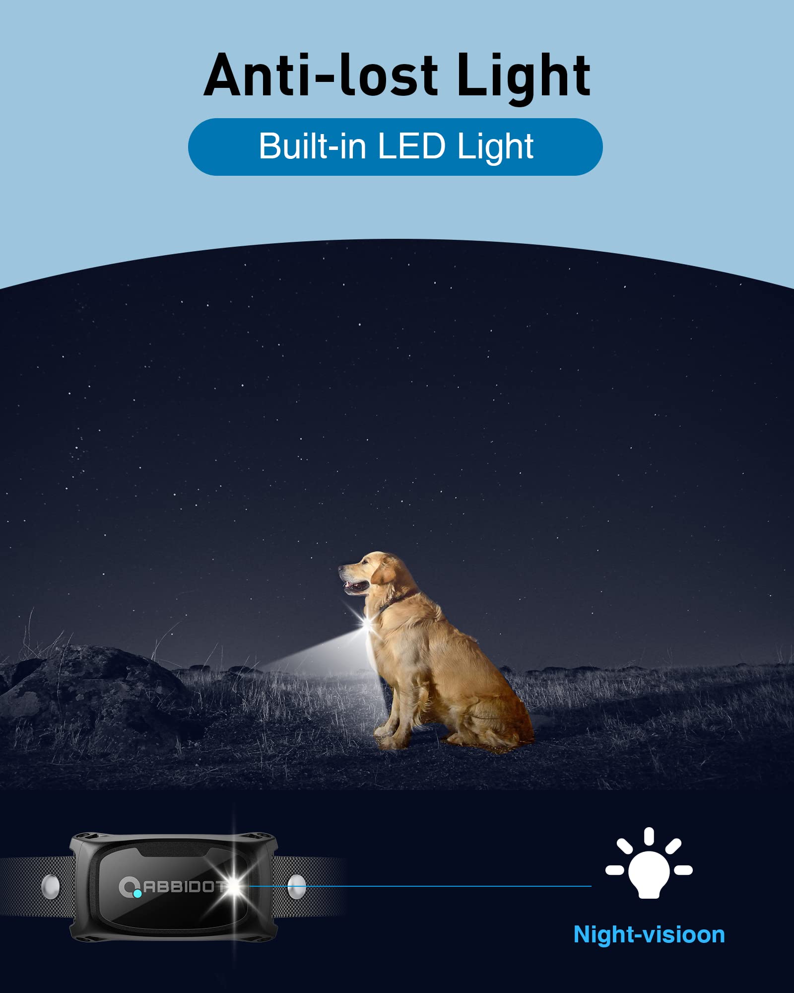 ABBIDOT night vision light helps locate your dog in low-light conditions.