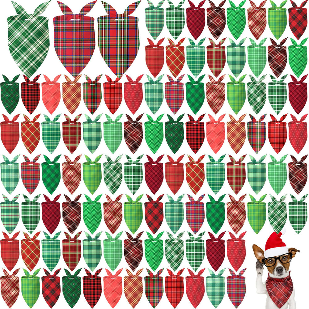 Abbylike Christmas dog bandana red plaid front view enhances festive pet photo sessions