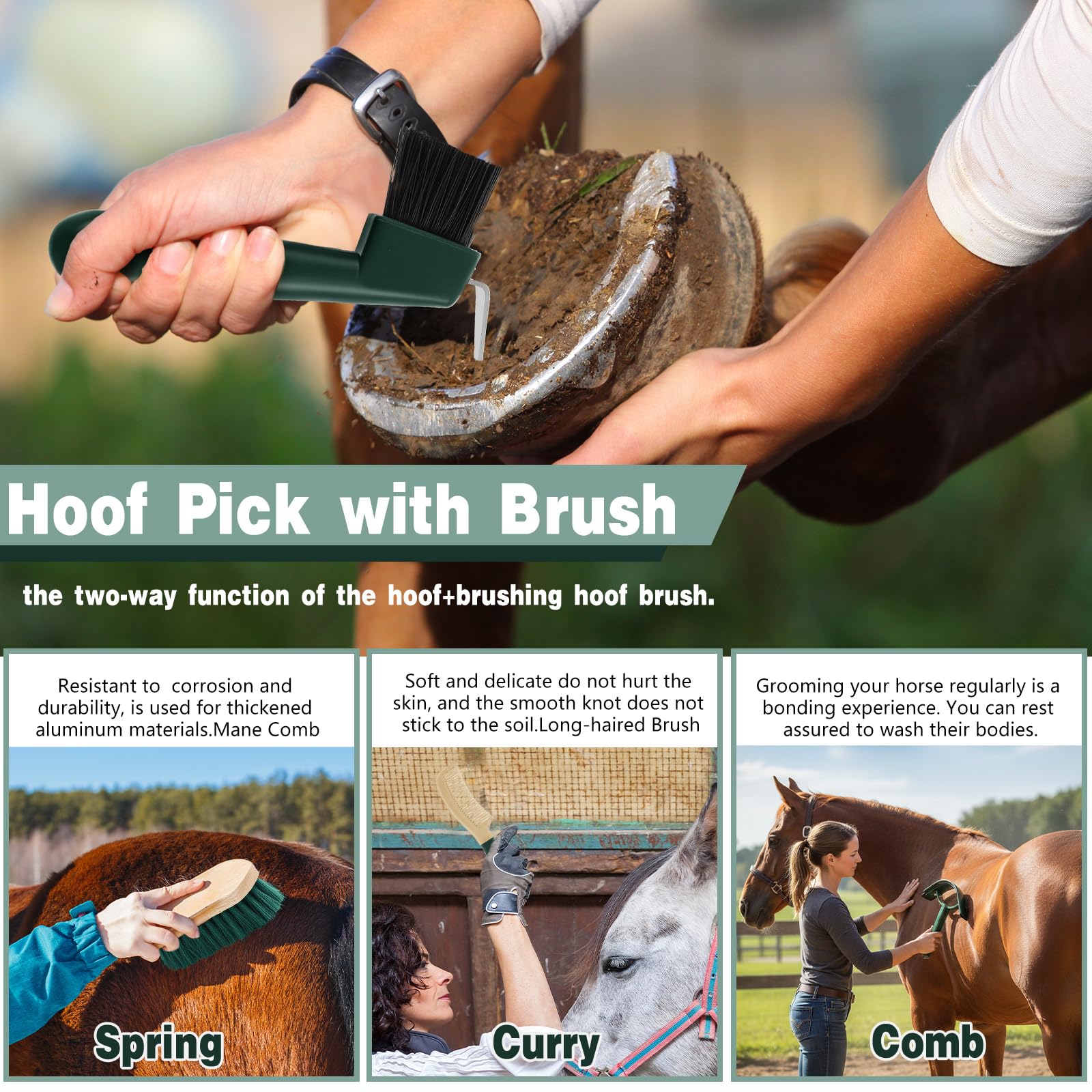 Abbylike hoof pick with brush and comb set cleans hooves and manes