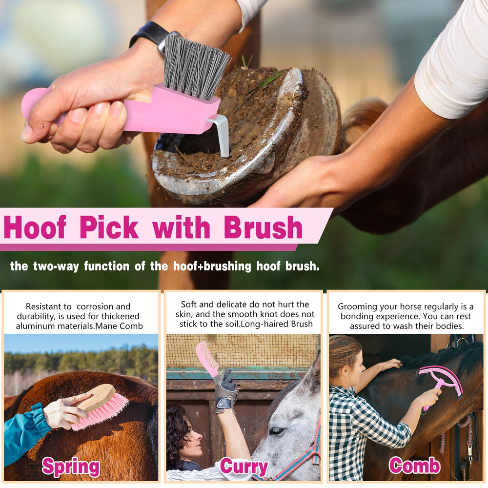 Abbylike hoof pick and brush enables safe hoof cleaning and inspection