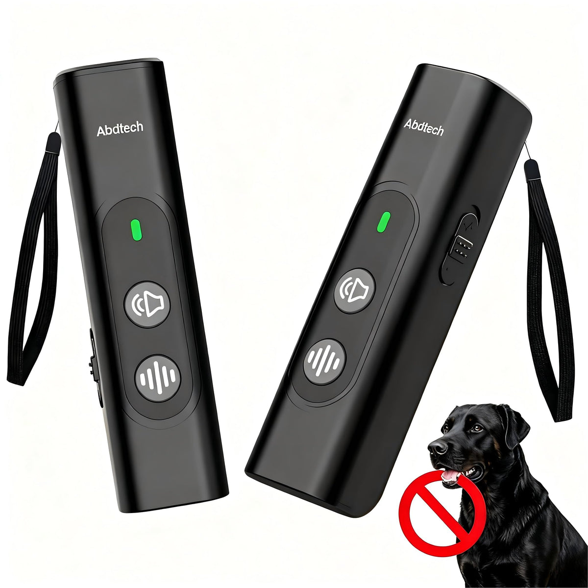 Abdtech anti barking device front view showcases a portable training aid for calm outdoor walks.
