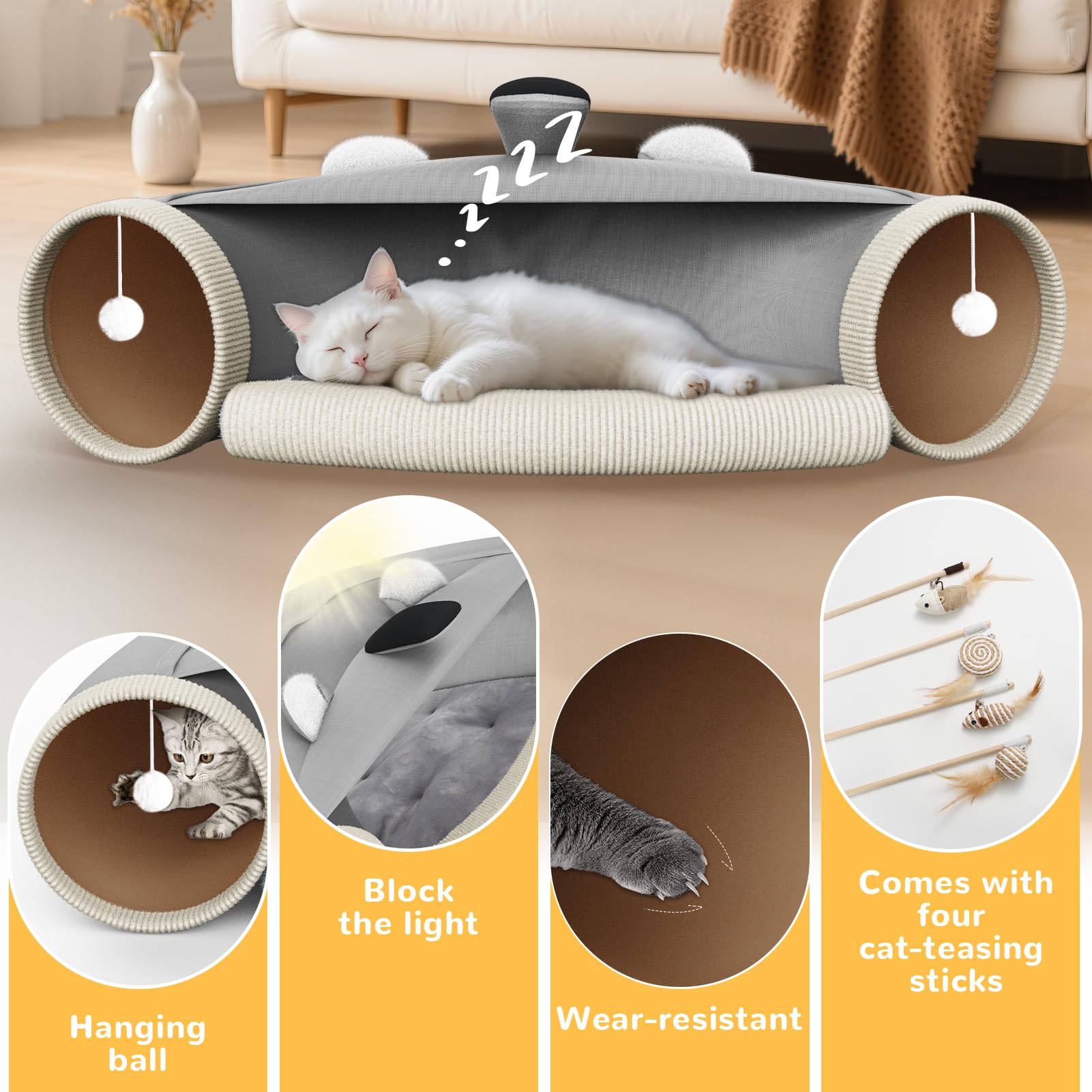 abdtech Cat Tunnel Bed double-opening design for easy access and playtime convenience.