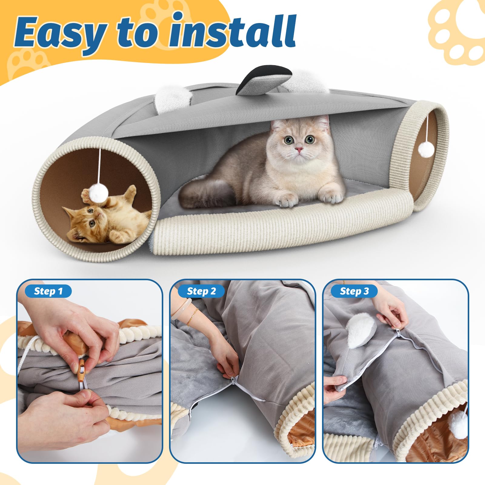 abdtech Cat Tunnel Bed plush balls hanging add interactive play and stimulation.