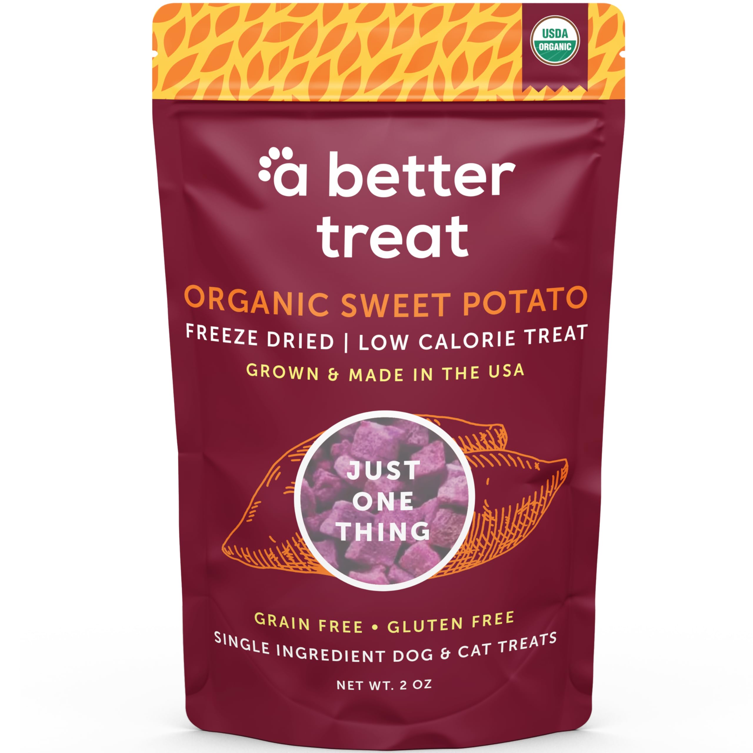 A Better Treat bag open showing freeze-dried purple sweet potato treats for training rewards