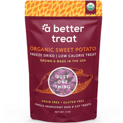 A Better Treat bag open showing freeze-dried purple sweet potato treats for training rewards